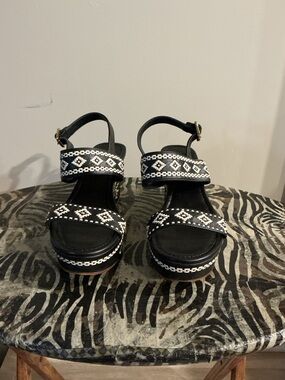 Tory Burch Black and White Embroidered Platform Sandals